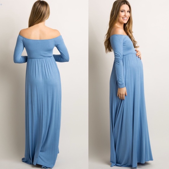 Blue Solid Off Shoulder Maternity Maxi Dress - Picture 2 of 4